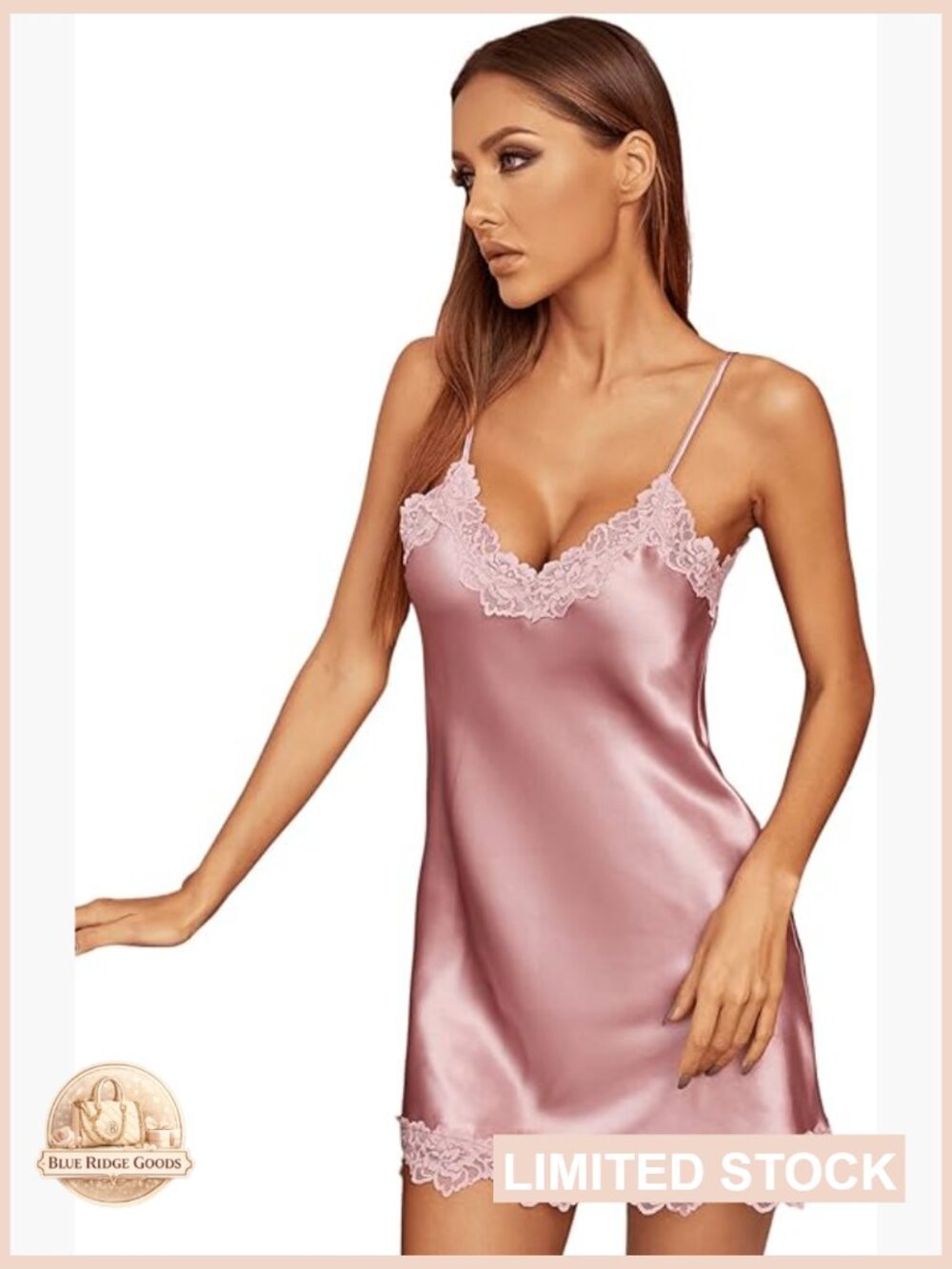 Satin Lace Chemise Nightgown V Neck Sleeveless Adjustable Straps Sleepwear